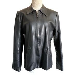 Black Real Leather Zip Up Jacket Classic Moto Bomber Style Size M/L